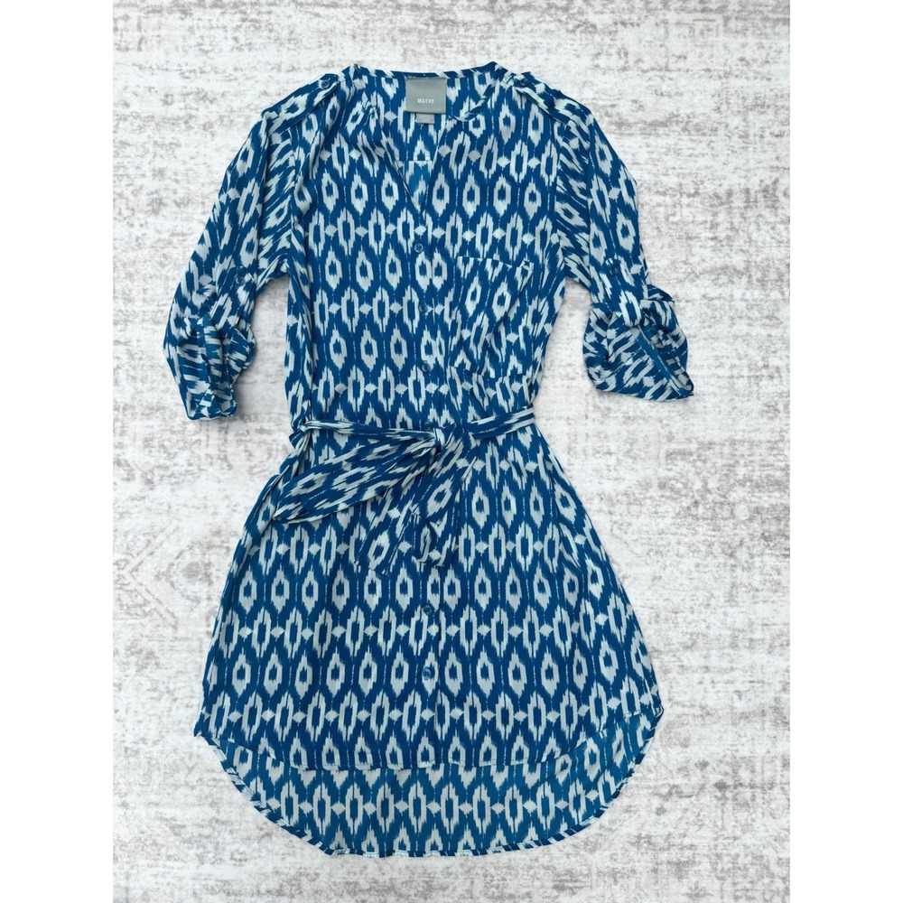 Maeve Anthropologie Blue White Ikat Button Down Belted Shirt Dress XS